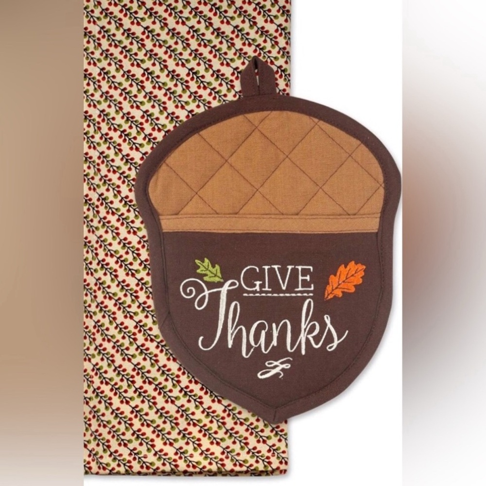 Brown Acorn-Shaped Pot Holder with Give Thanks Embroidery Thanksgiving Gift New